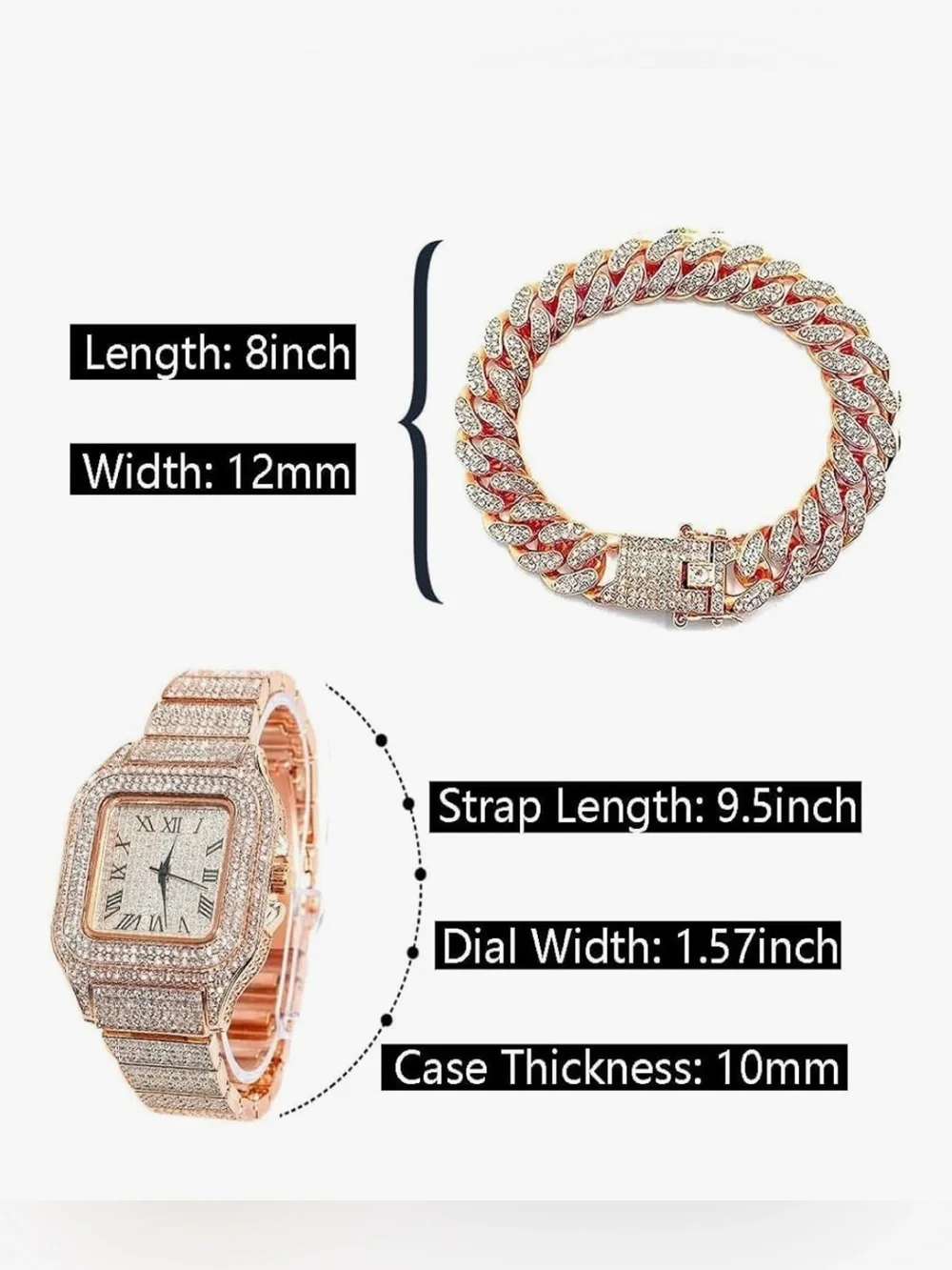 Unisex Luxury Gold Iced-Out Watch & oBracelet Set - Rose Gold